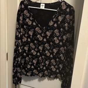Old Navy Black Floral V-Neck Blouse